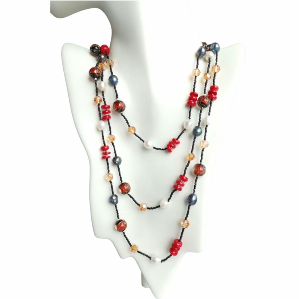 Freshwater Pearl Swarovski Crystal Murano glass Rope Necklace 64"